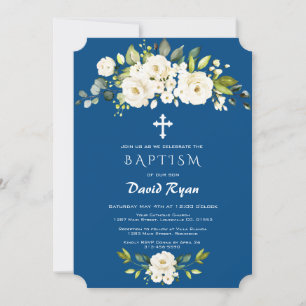 Invitation Fleurs blanches Classique Baptême garçon bleu