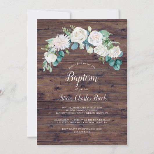 Invitation Fleurs blanches classiques | Baptême rustique (Devant)
