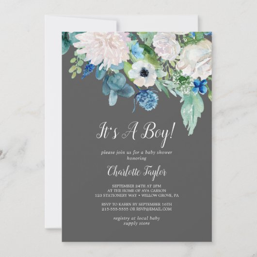Invitation Fleurs blanches classiques Gris C'est un Baby show (Devant)