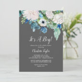 Invitation Fleurs blanches classiques Gris C'est un Baby show (Debout devant)