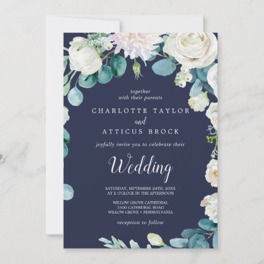 Invitation Fleurs blanches classiques | Mariage de marine (Devant)