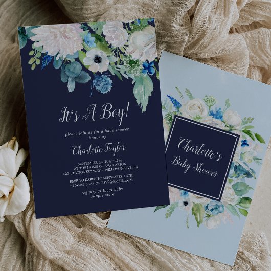 Invitation Fleurs blanches classiques Marine C'est un Baby sh