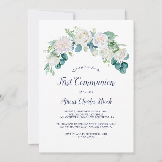 Invitation Fleurs blanches classiques Première communion (Devant)