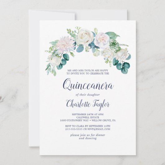 Invitation Fleurs blanches classiques Quinceañera (Devant)