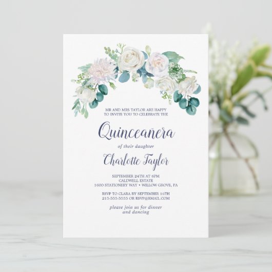 Invitation Fleurs blanches classiques Quinceañera (Debout devant)