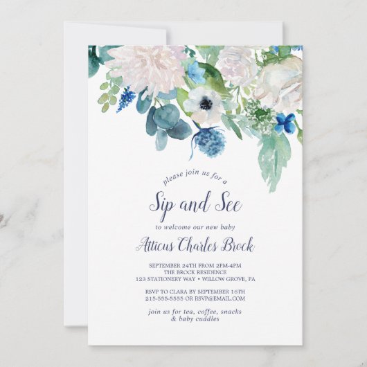 Invitation Fleurs blanches classiques Sip and See (Devant)