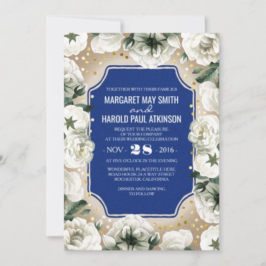 Invitation Fleurs blanches Confetti or Mariage de la Marine (Devant)