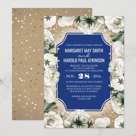 Invitation Fleurs blanches Confetti or Mariage de la Marine (Devant / Derrière)