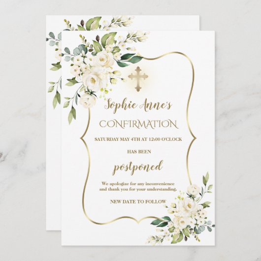Invitation Fleurs blanches Confirmation Or Mise à jour report (Devant / Derrière)