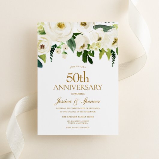 Invitation Fleurs blanches & Crème 50e anniversaire de mariag
