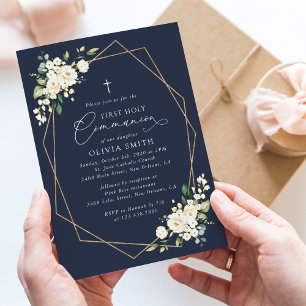 Invitation Fleurs Blanches Crème, Bohème, Première Communion