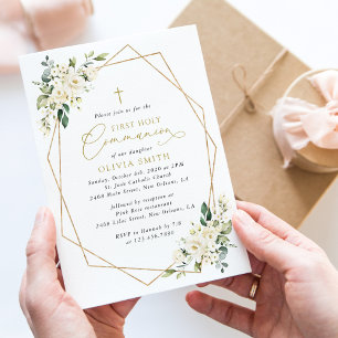 Invitation Fleurs Blanches Crème, Bohème, Première Communion