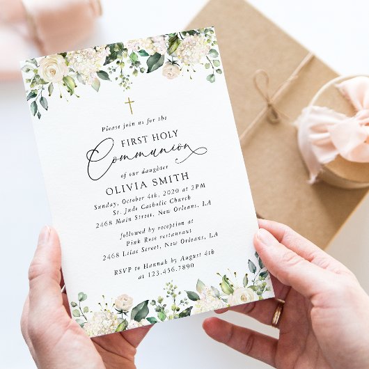 Invitation Fleurs blanches crème, Boho, Première Sainte Commu