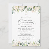 Invitation Fleurs blanches crème, Boho, Première Sainte Commu (Devant)