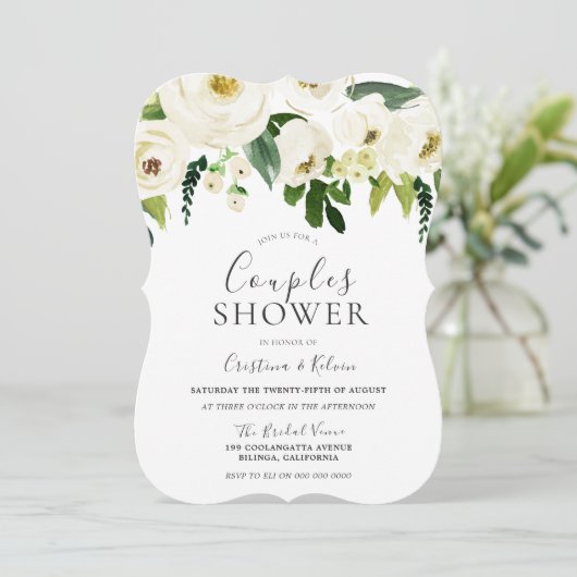 Invitation Fleurs blanches & Crème Elegant Couples Douche (Debout devant)
