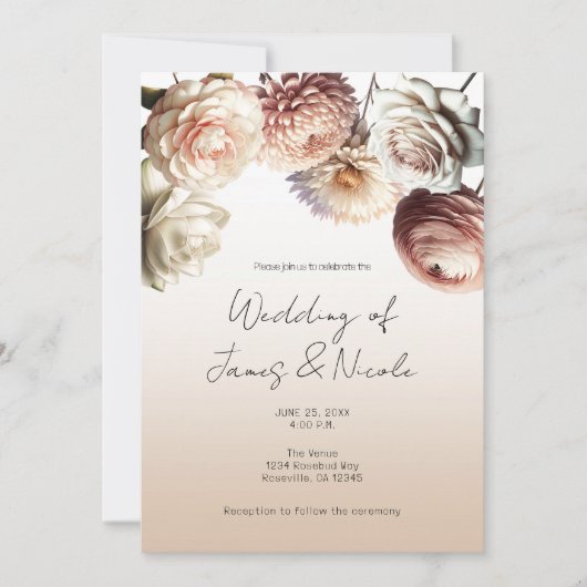 Invitation Fleurs Blanches Crème Rose Pêche Mariage Floral (Devant)