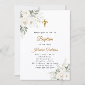 Invitation Fleurs blanches croix dorée baptême (Devant)