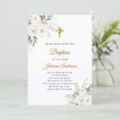 Invitation Fleurs blanches croix dorée baptême (Debout devant)