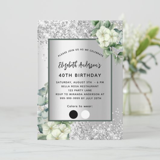Invitation Fleurs blanches d'argent d'anniversaire palette de (Debout devant)