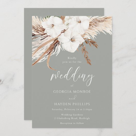 Invitation Fleurs blanches de Bohême Mariage vert Sage (Devant / Derrière)