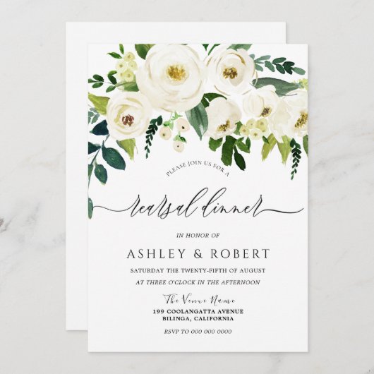 Invitation Fleurs blanches de champagne Dîner de répétition é (Devant / Derrière)