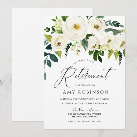 Invitation Fleurs blanches de champagne Soirée de retraite él (Devant / Derrière)
