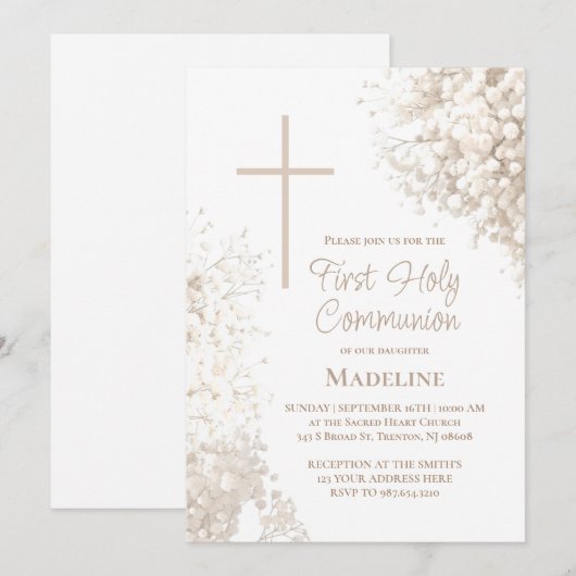 Invitation Fleurs blanches de Gypsophile première communion (Devant / Derrière)