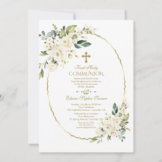 Invitation Fleurs blanches de luxe Gold Première Sainte Commu (Devant)