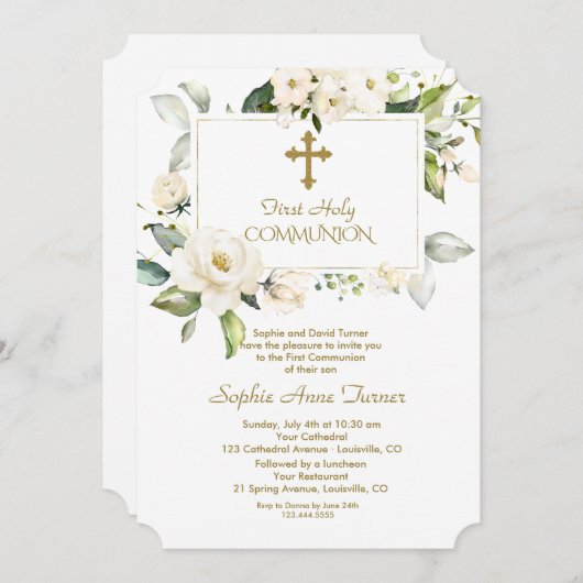 Invitation Fleurs blanches de luxe Gold Première Sainte Commu (Devant / Derrière)
