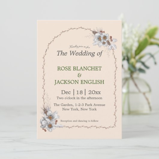 Invitation Fleurs blanches de mariage d'hiver simples (Debout devant)