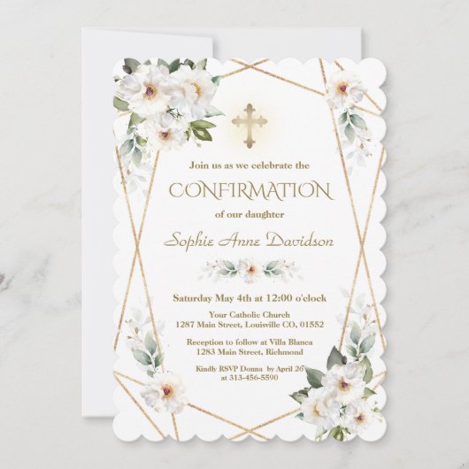 Invitation Fleurs blanches délicates Confirmation de la croix (Devant)