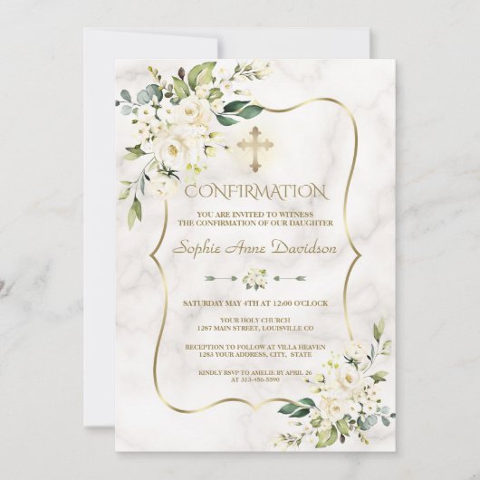 Invitation Fleurs blanches délicates Confirmation en or marbr (Devant)