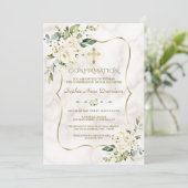 Invitation Fleurs blanches délicates Confirmation en or marbr (Debout devant)