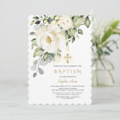 Invitation Fleurs blanches délicates Croix d'or Baptême de fi (Debout devant)