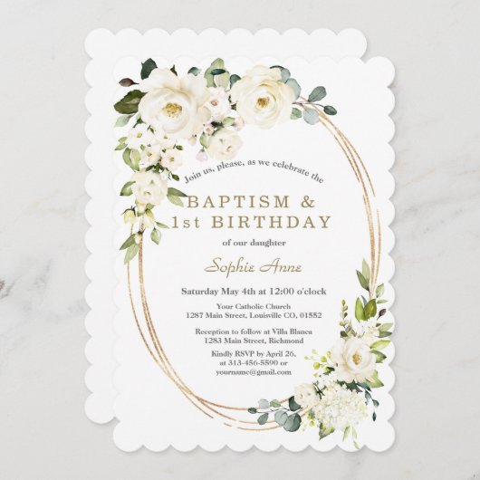 Invitation Fleurs blanches délicates Fille 1er anniversaire B (Devant / Derrière)