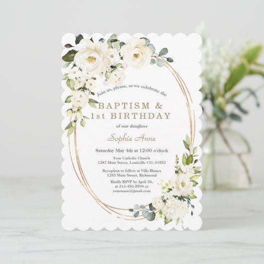 Invitation Fleurs blanches délicates Fille 1er anniversaire B (Debout devant)