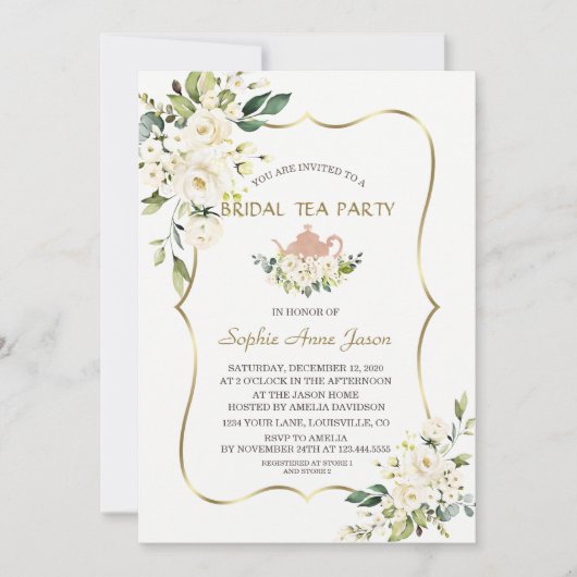 Invitation Fleurs blanches délicates Gold Bridal Tea Party (Devant)