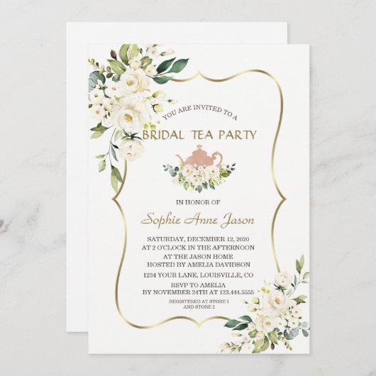 Invitation Fleurs blanches délicates Gold Bridal Tea Party (Devant / Derrière)