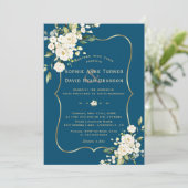 Invitation Fleurs blanches délicates Mariage Bleu Cadre Or (Debout devant)