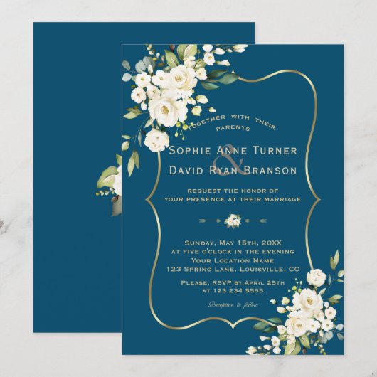 Invitation Fleurs blanches délicates Mariage Bleu Cadre Or (Devant / Derrière)