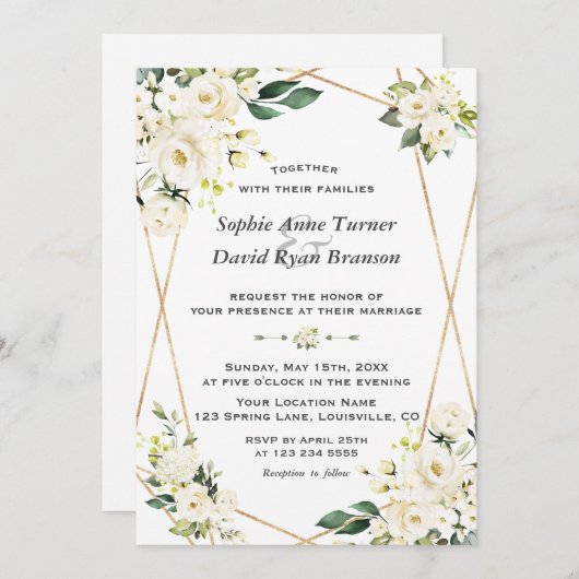 Invitation Fleurs blanches délicates Mariage de monogramme or (Devant / Derrière)