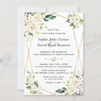 Invitation Fleurs blanches délicates Mariage de monogramme or