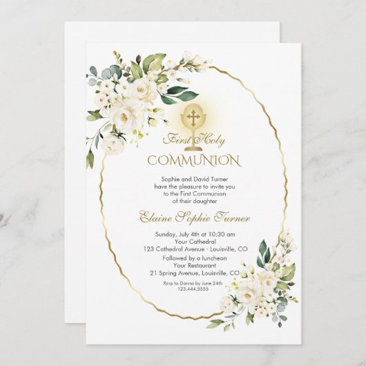 Invitation Fleurs blanches délicates Or Première Communion sa (Devant / Derrière)
