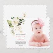 Invitation Fleurs blanches délicates Photo Girl Gold Baptême (Devant / Derrière)