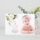 Invitation Fleurs blanches délicates Photo Girl Gold Baptême (Debout devant)
