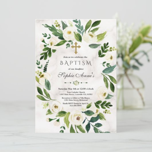 Invitation Fleurs blanches délicates Wreath Marbre Baptême (Debout devant)