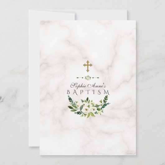 Invitation Fleurs blanches délicates Wreath Marbre Baptême (Dos)