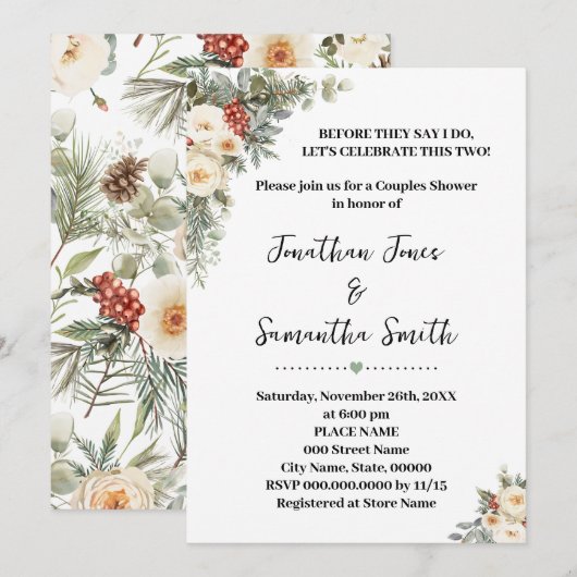 Invitation Fleurs Blanches d'Hiver Cérémonie de Mariage de Co (Devant / Derrière)