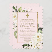 Invitation Fleurs blanches d'ivoire espagnol 1er anniversaire (Devant / Derrière)