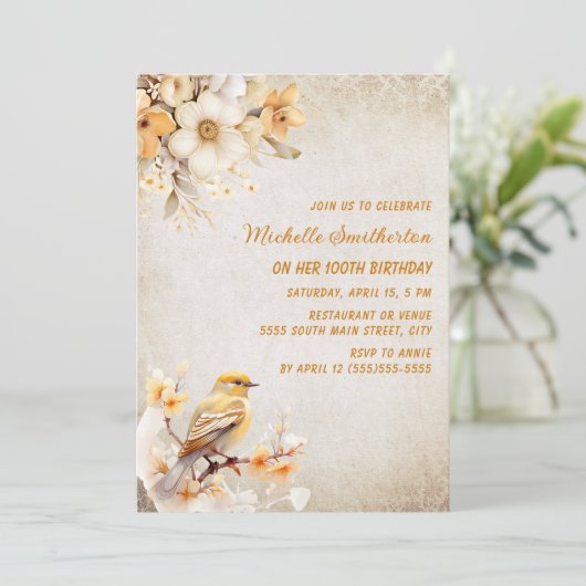 Invitation Fleurs blanches d'oiseaux jaunes rustiques 100e an (Debout devant)
